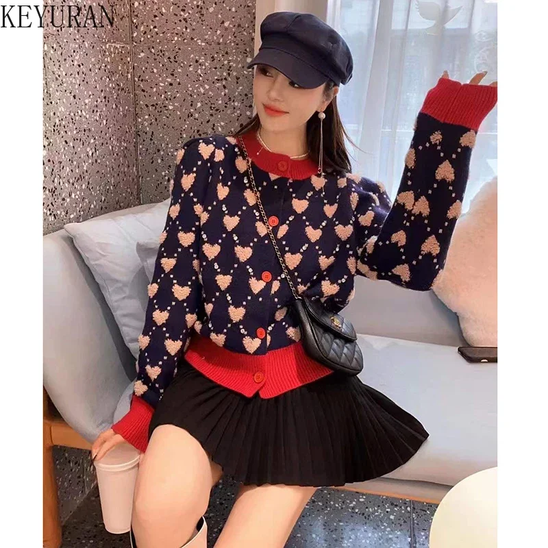 Japanese Sweater Womens Cardigans 2023 Spring Korean O Neck Long Sleeve Hit Color Love Heart with Diamond Knitted Cardigan Tops