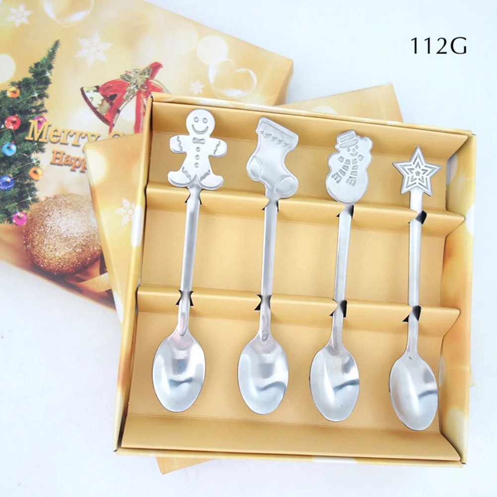 

4pcs Xmas Stainless Steel Spoon Christmas Cartoon Tableware Coffee Spoon Mixing Spoon with Box (Random Pattern)