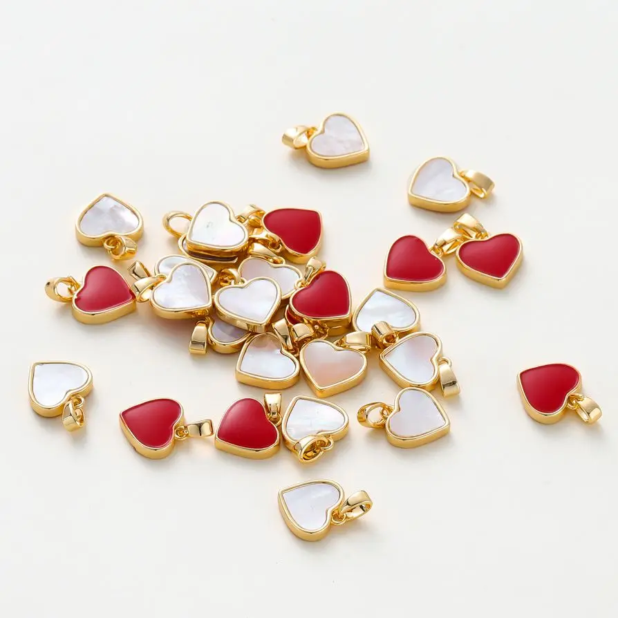 2pcs/lot 18K Gold Color Plated Shell Red Love Heart Pendants Drop Oil Bracelet Pendants For DIY Jewelry Making Findings