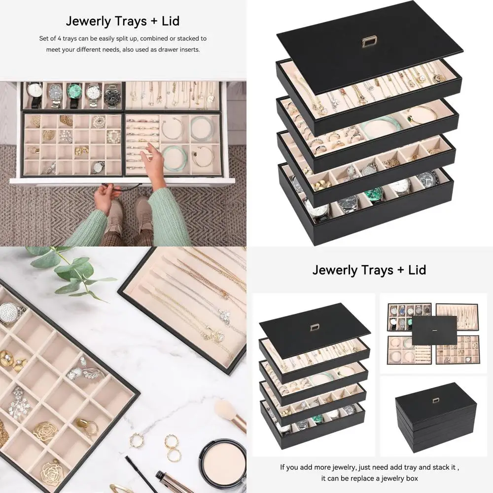 

Leather Jewelry Organizer with Lid, 4-Piece Drawer Insert Set for Earrings, Necklaces, Rings, and Watches (Black)