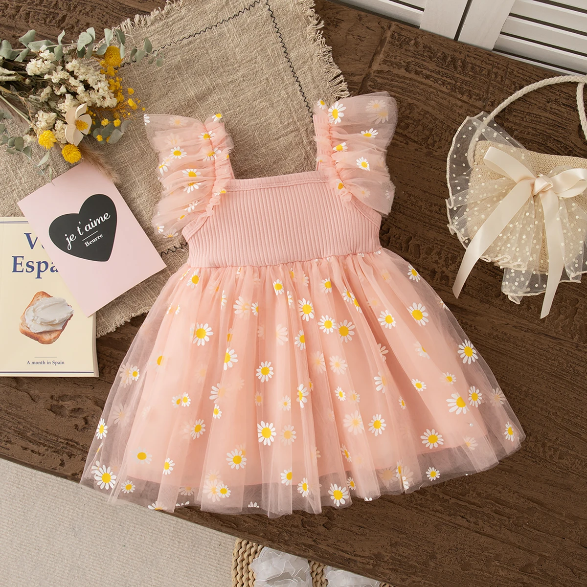 New Girls\' Stylish Children\'s Dress 0-3 Years Old Sunflower Suspender Fly Sleeve Mesh Patchwork Dress