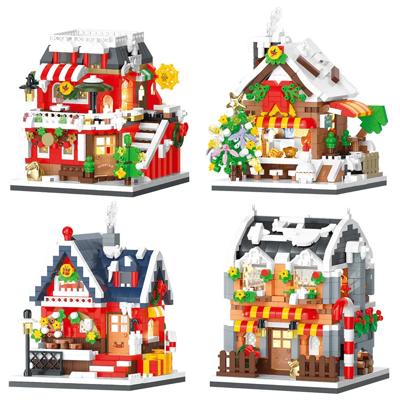 

Micro Christmas Coffee Candy House With Lights Model Building Blocks Creative Bookstore Xmas Decoration Diamond Bricks Kids Gift