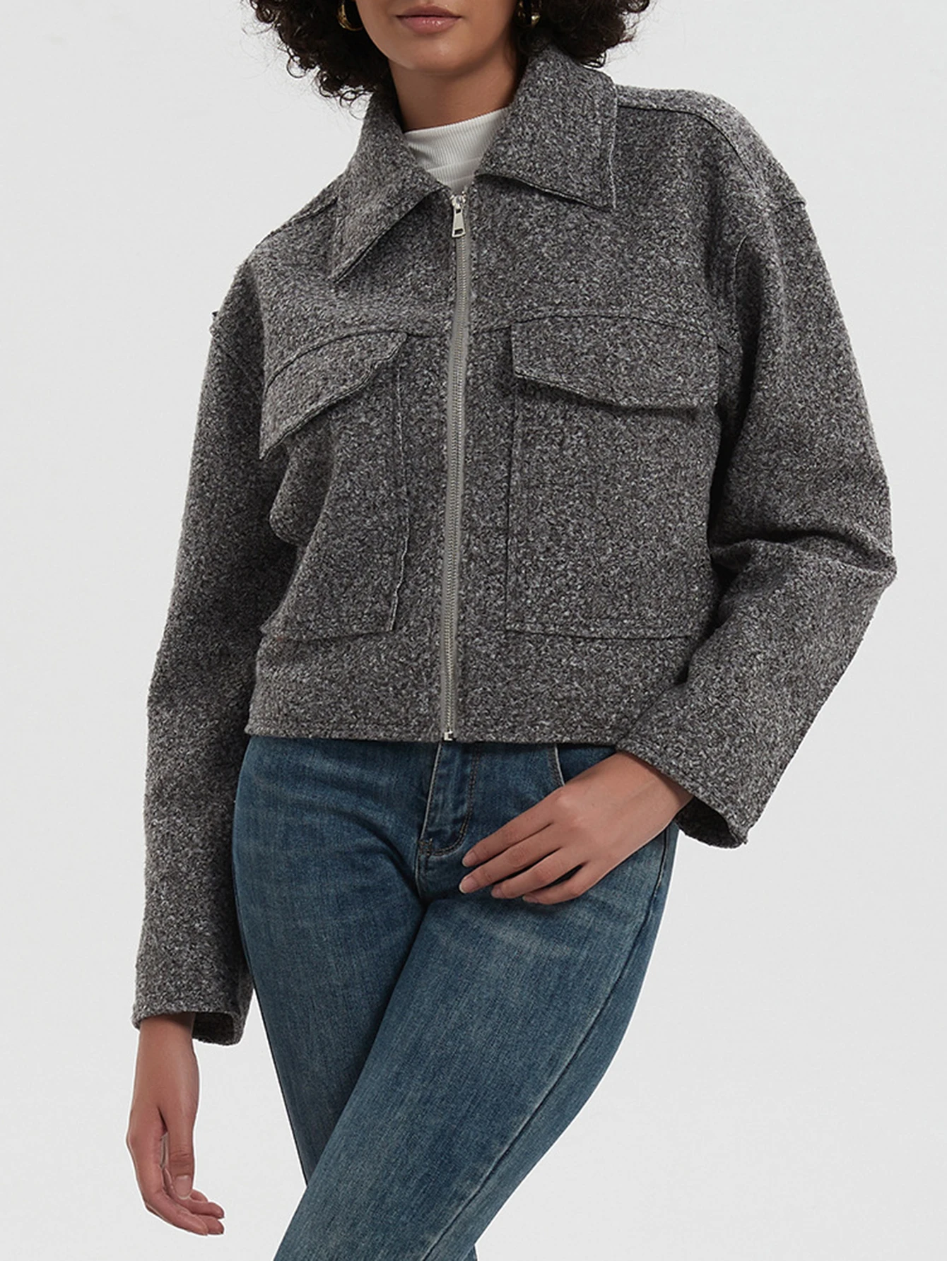 

Женская элегантная куртка во французском стиле с длинными рукавами и воротником рубашки на молнии, облегающая уличная одежда, осенний простой дизайн с карманами