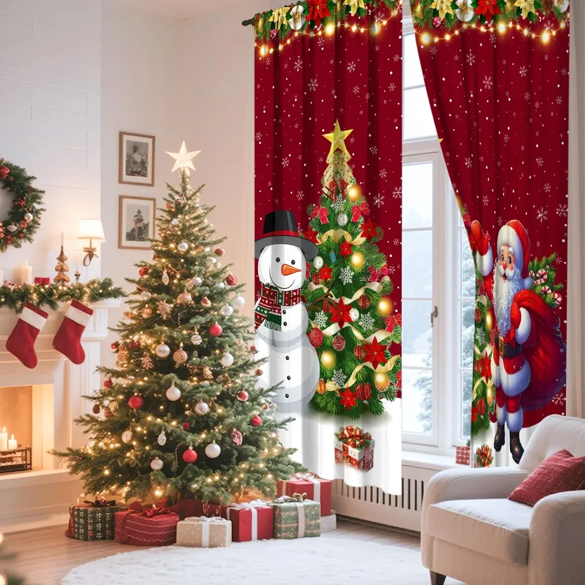 2PCS Digital Print Curtain, Snowman and Santa with Christmas Tree on Red Snowflake Background, Festive, for Window Home Decor