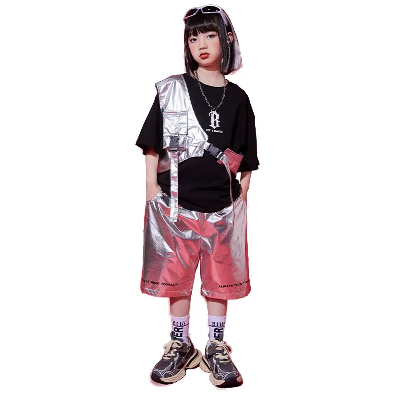 어린이 재즈 댄서 의상 소년을위한 블랙 탑 실버 짧은 조끼 소녀 힙합 패션 streetwear 무대 공연 의상