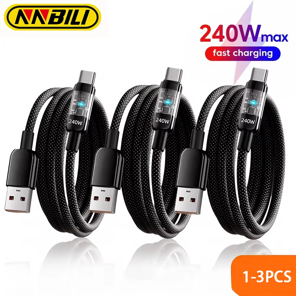 NNBILI 1-3pcs 240W USB C Quick Charging Cable Nylon Braided Transparent USB Type C Charger Cord for Samsung S26 Huawei Data Line