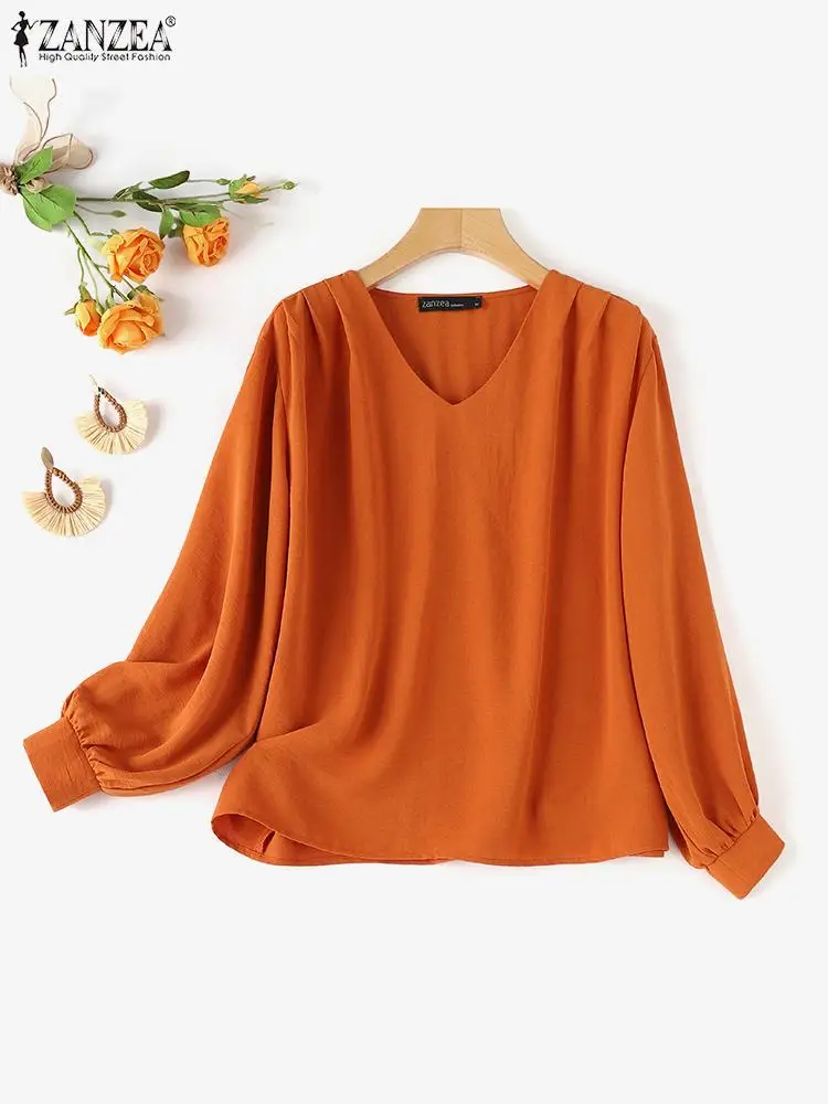 ZANZEA Casual Loose Women Tops Oversized Korean Blouse Sexy 2024 Spring Long Lantern Sleeve Shirt Fashion V-Neck Blusas Tunic