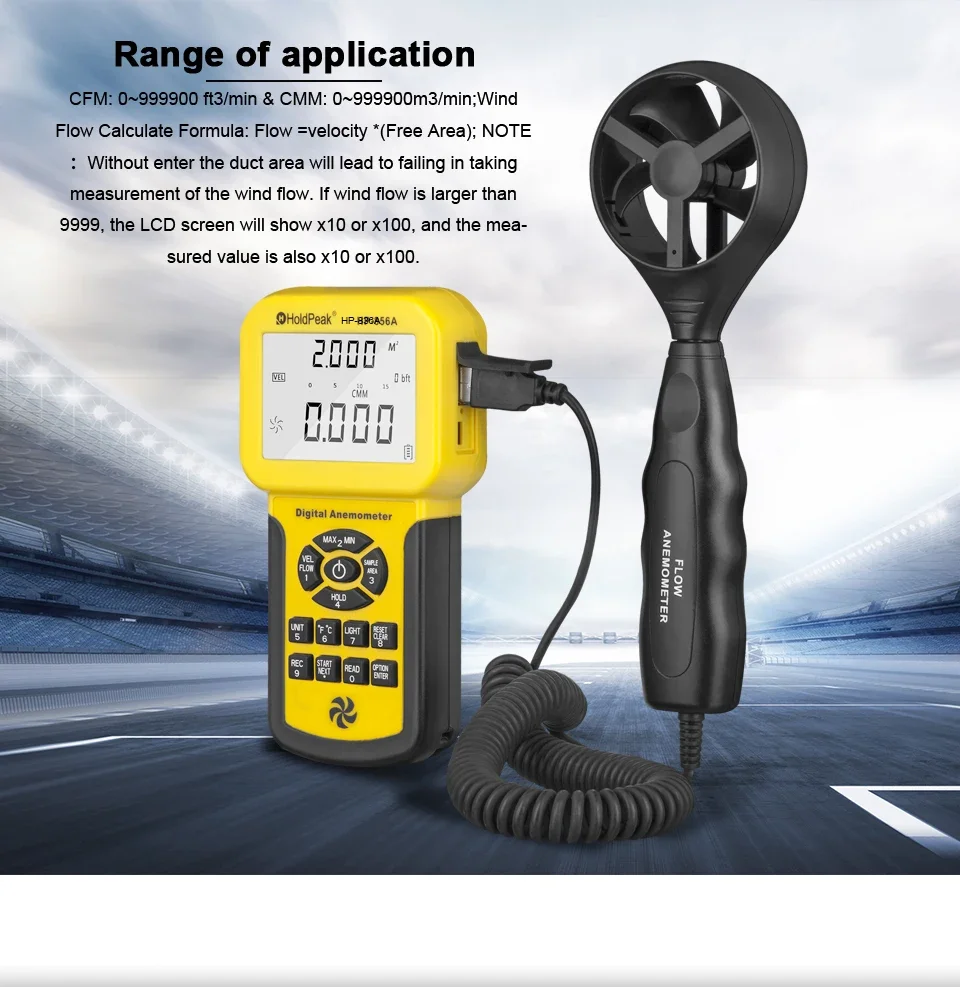 

HoldPeak HP-856A Digital Wind Speed Air Volume Meter Anemometer USB/Handheld with Data Logger and Carry Case