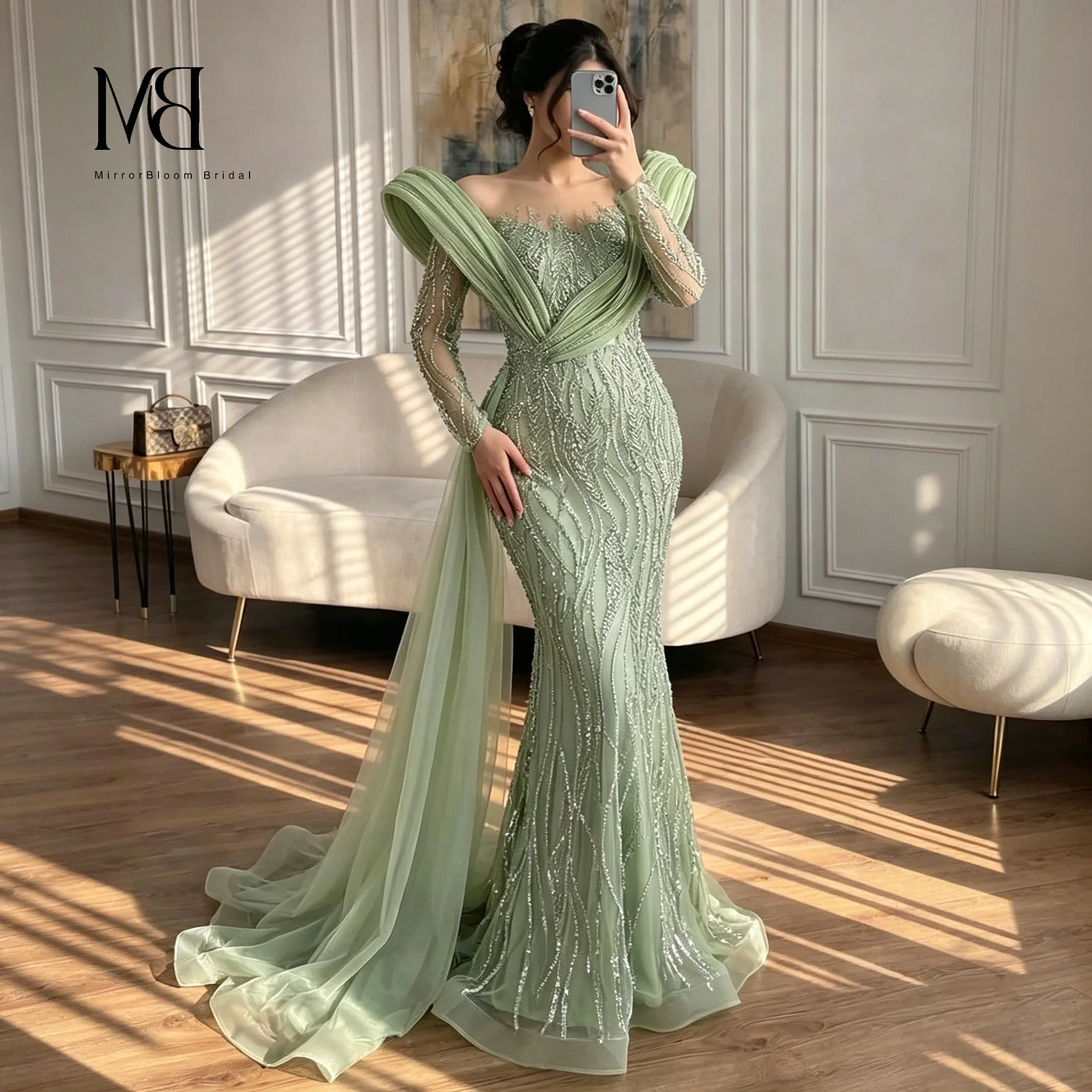 

Elegant Off-the-Shoulder Strapless Mermaid Gown with Flowing Ribbons And Intricate Beadwork for Women