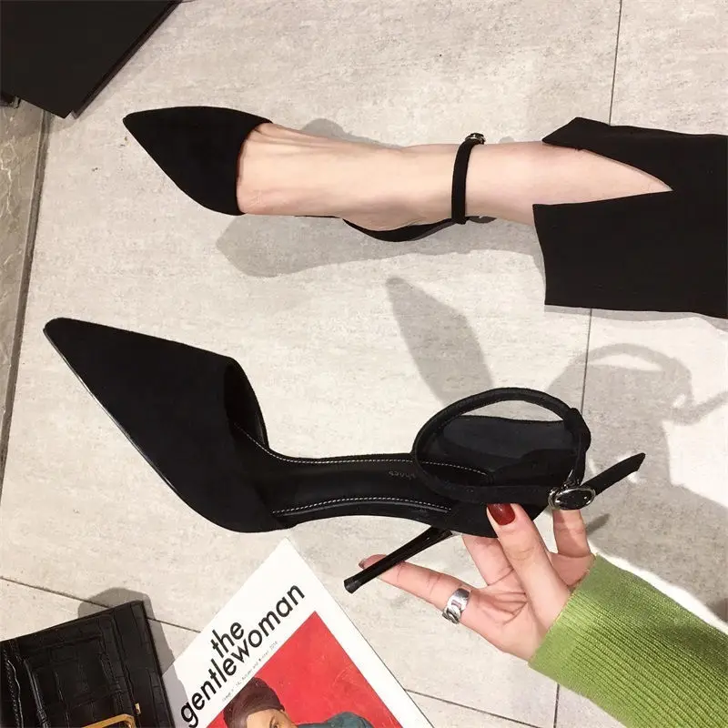 Spring and Autumn High Heel Women 2023 New Versatile Thin Heel Professional L Pointed Black Buckle Strap Single Shoe Women