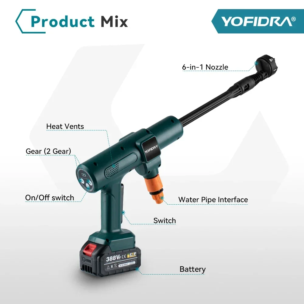 Yofidra 200Bar 3500W Lavatrice elettrica ad alta pressione senza spazzole Pistola ad acqua da giardino per lavaggio auto 6 in 1 per pistola a spruzzo a batteria Makita 18V