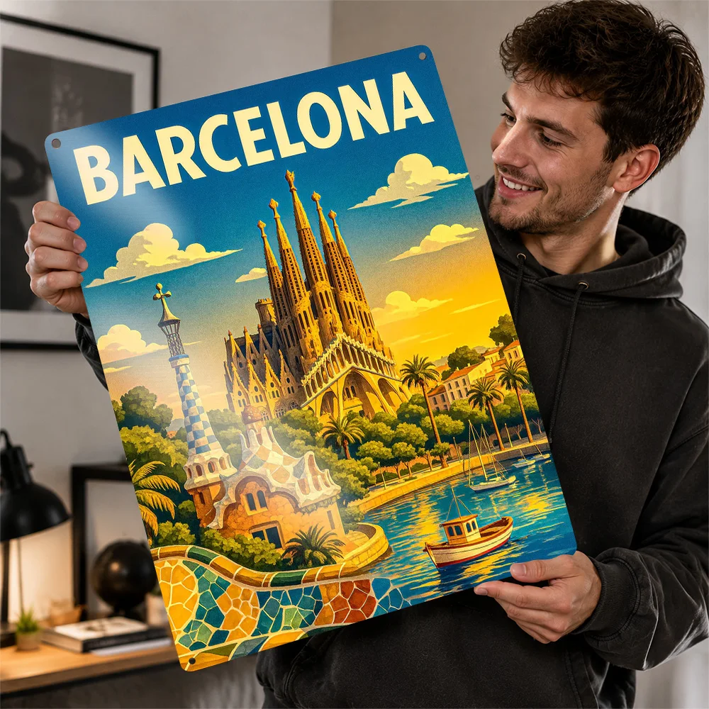 Barcelona Landmark Travel Printed Poster Personalized Aluminum Metal Sign Scenic Destination Wall Art Made For City Collectors