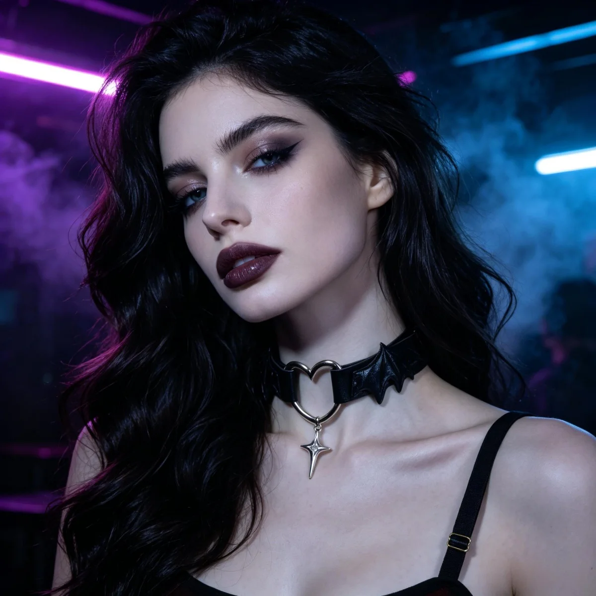 Gothic Black Leather Bat Wing Heart Choker Collar Necklace - Adjustable Goth Bat Halloween Costume Accessory