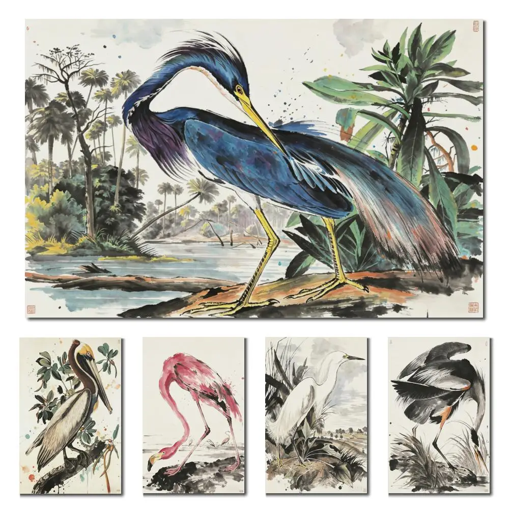 Large Minimal Great Blue Heron Canvas Print Traditional Splash Ink Bird Landscape Wall Art for Living Room Hallway Foyer Decor