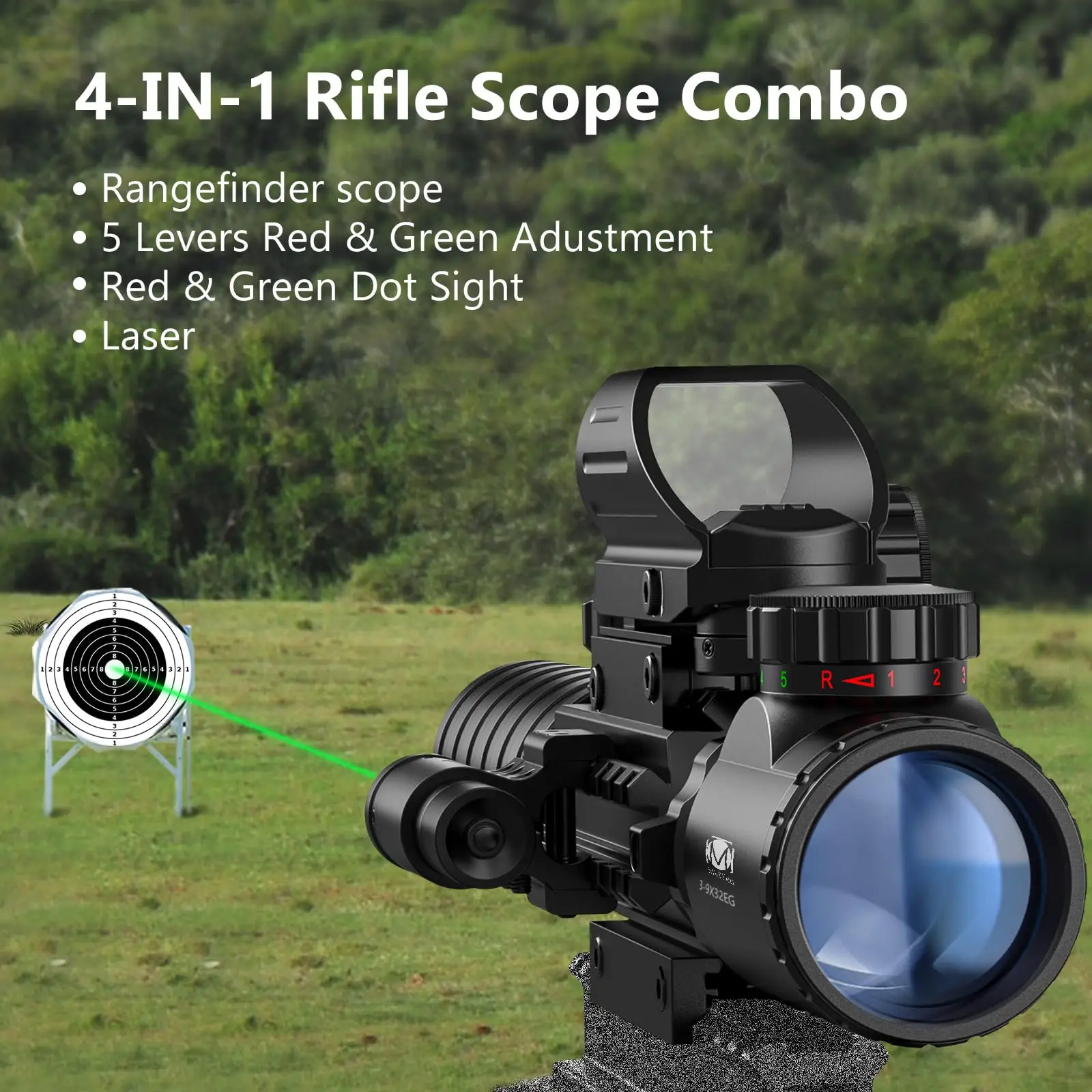 Riflescope 3-9x32 4-in-1 Scope Combo Green Laser Boresighter with Dual Illuminated Optics and 4 Holographic Sight