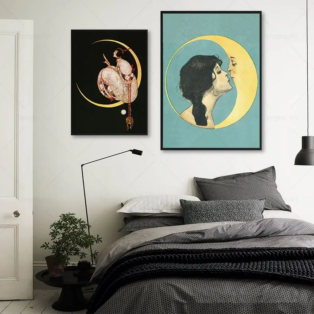 Woman and Moon Print Vintage Kissing Moon Poster Victorian Wall Art Canvas Painting Retro Pictures for Living Room Home Decor