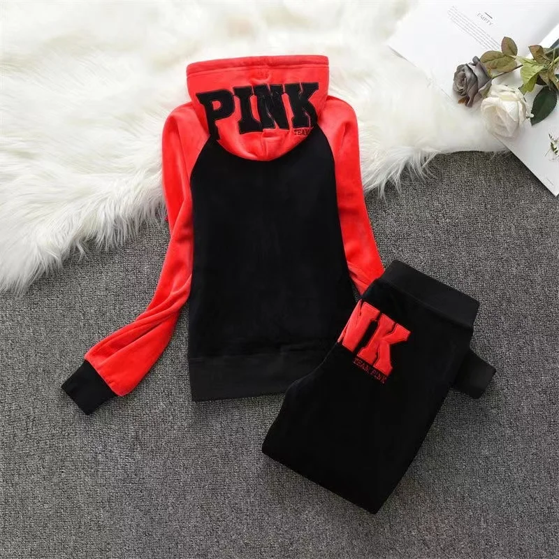 Contrast Color Long Sleeve PINK Velvet Tracksuit 2024 Women\'s Hooded Sweatshirt and Pants Set Casual Tracksuit