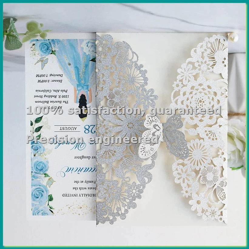 20 Set Butterfly Invitation Cards Lace Wedding Invitations with Envelopes(Silver Glitter)-A14I