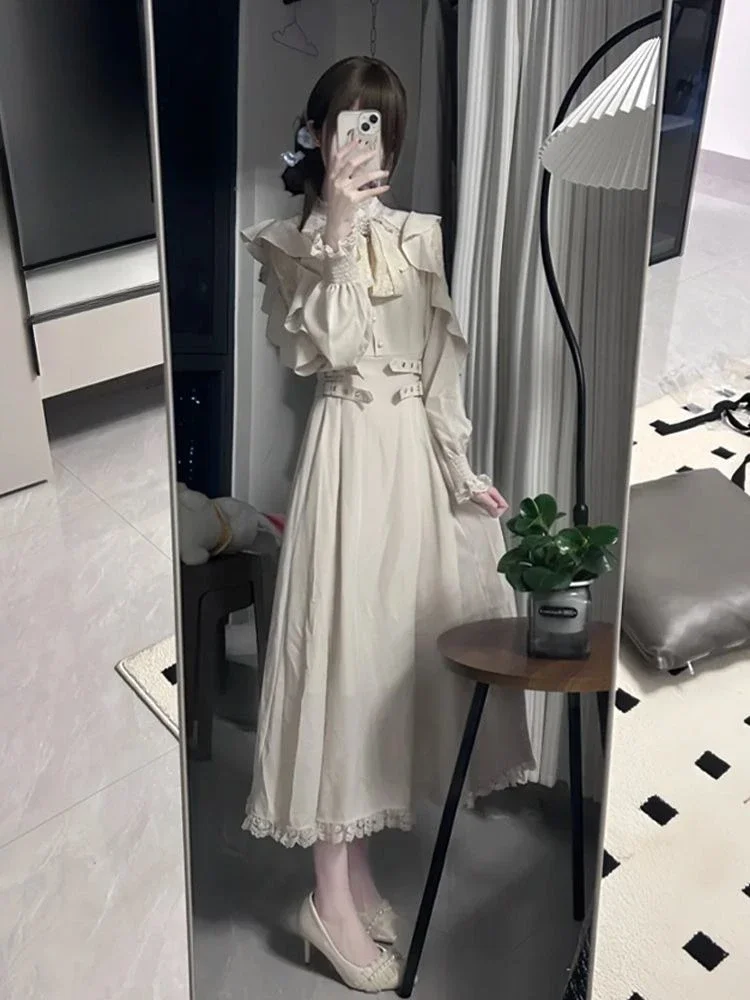 

Y2k Aesthetic Autumn Fairy Sweet Ruffled Dress 2025 Women Lace Patchwork A-line Dresses Grunge Harajuku Single Breasted Vestidos