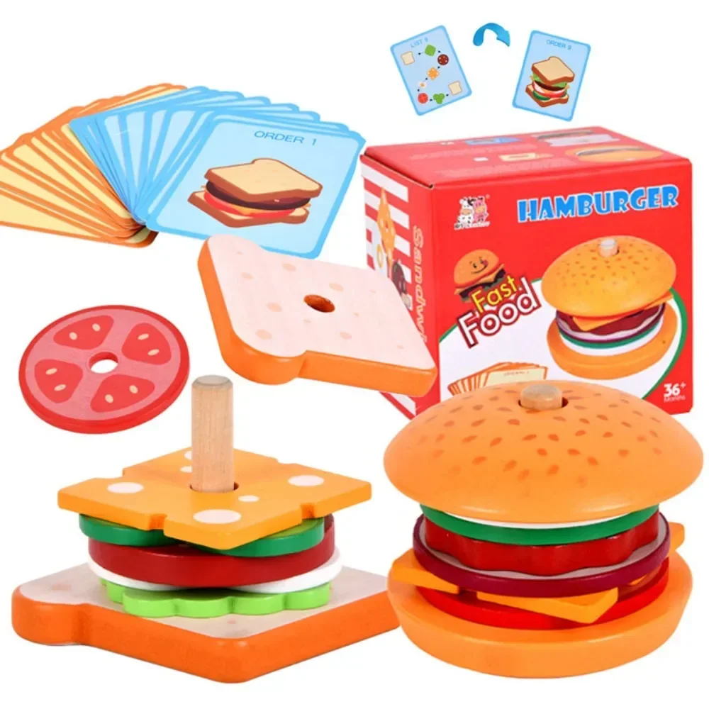 

Montessori Pretend Food Matching Wooden Simulation Hamburg Toys DIY Colors Shape Matching Sensory Board Game Educational Toys