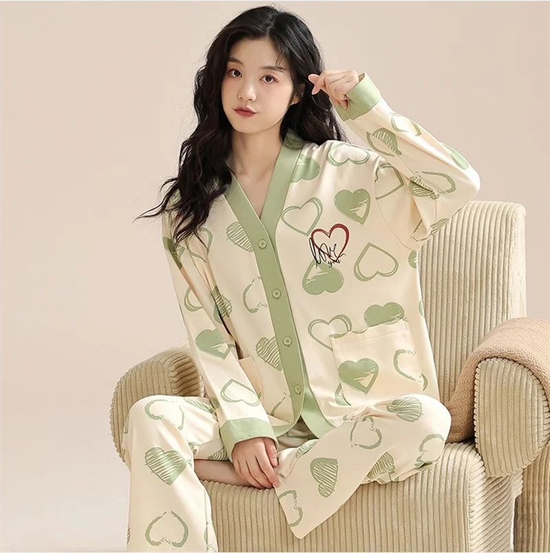 Cute Women Pajamas Autumn Winter Faux Cotton Sleepwear Kimono V-neck Home Suits Nightwear Long Sleeves Sweet Pajamas