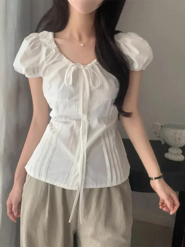 

Lace Up Slim Fit Puff Sleeve Shirt for Women's Summer New Design Pleated Top