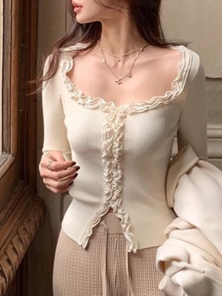 ฤดูใบไม้ร่วงแขนยาวRibbed SLIM FITเสื้อลูกไม้Rufflesเสื้อกันหนาวElegantหวานถักPulloversสีทึบสแควร์เสื้อกันหนาว