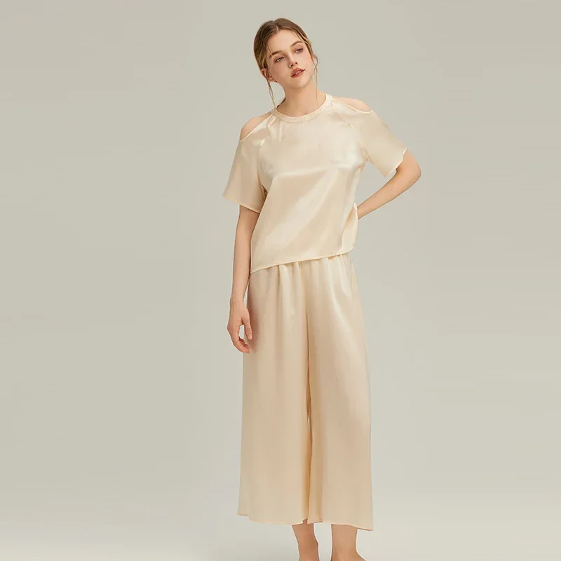 100% Mulberry Silk Women Pajama Set Summer Cold Shoulder Short Sleeve Loose Wide Leg Pants Luxury Loungewear Two Piece Sleepwear