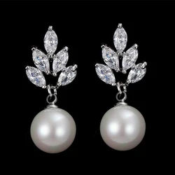 ZAKOL Elegant Leaf Cubic Zirconia Dangle Earrings for Women Luxury Imitation Pearl Bridal Wedding Party Jewelry