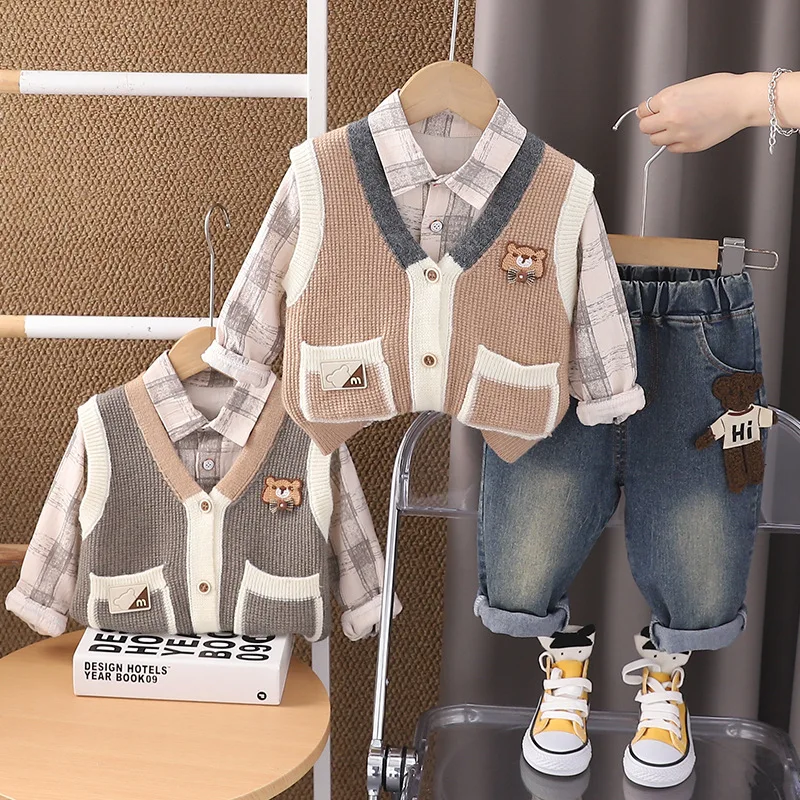 

New Spring Autumn Baby Clothes Children Vest Plaid Shirt Pants 3Pcs/Sets Kids Boys Clothing Infant Costume Toddler Tracksuits