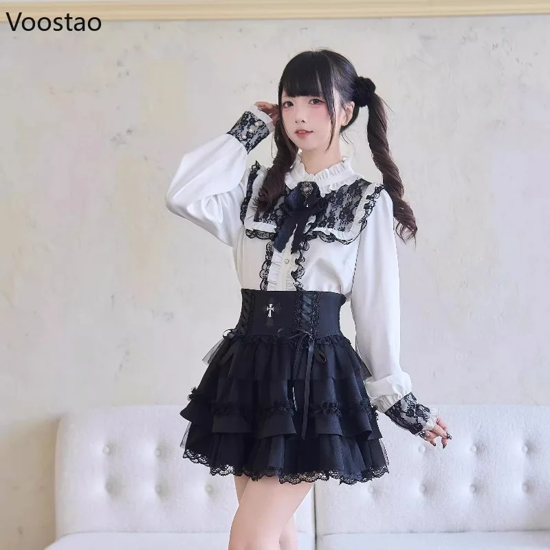 Japanese Dark Gothic Lolita Style Skirt Sets Women Harajuku Y2k Lace Bow Shirt Stripe Mini Cake Skirt Female Sweet Slim Outfits