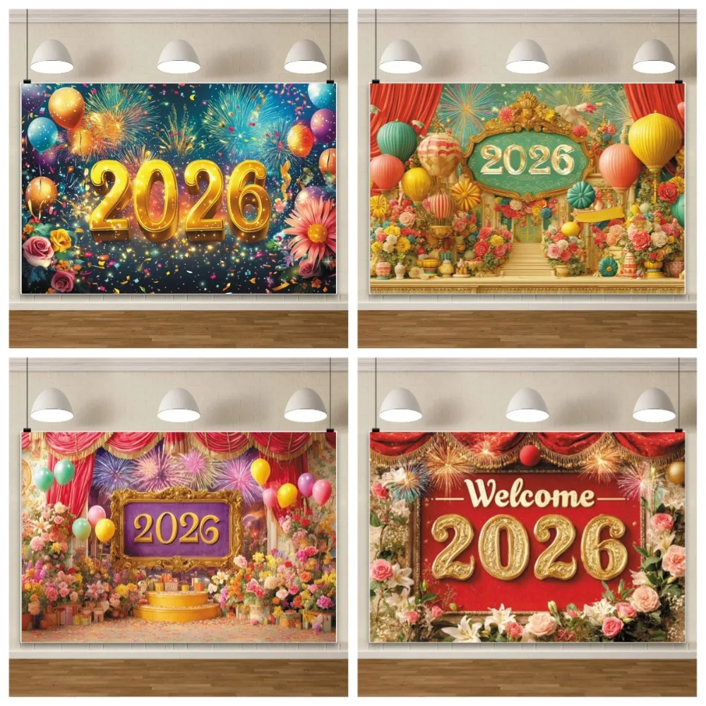 

2026 New Year Backdrops for Photoshoot Balloon Flower Decor Background For Family Kids Photo Studio New Year Party Decoration