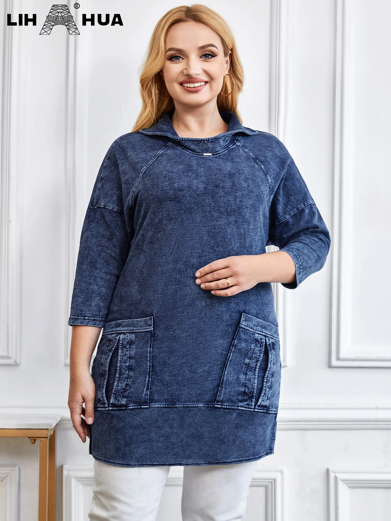 LIH HUA damska Plus Size kurtka dżinsowa na co dzień długi styl Slim kurtka dżinsowa dla kobiety Premium dzianinowe Denim