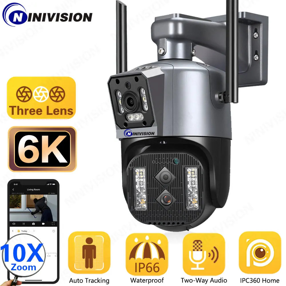 

12MP 6K 10X Zoom 355°Wide Angle Double Screen IP Wifi Camera Night Vision AI Humanoid Detection CCTV Security Camera IPC360 Home