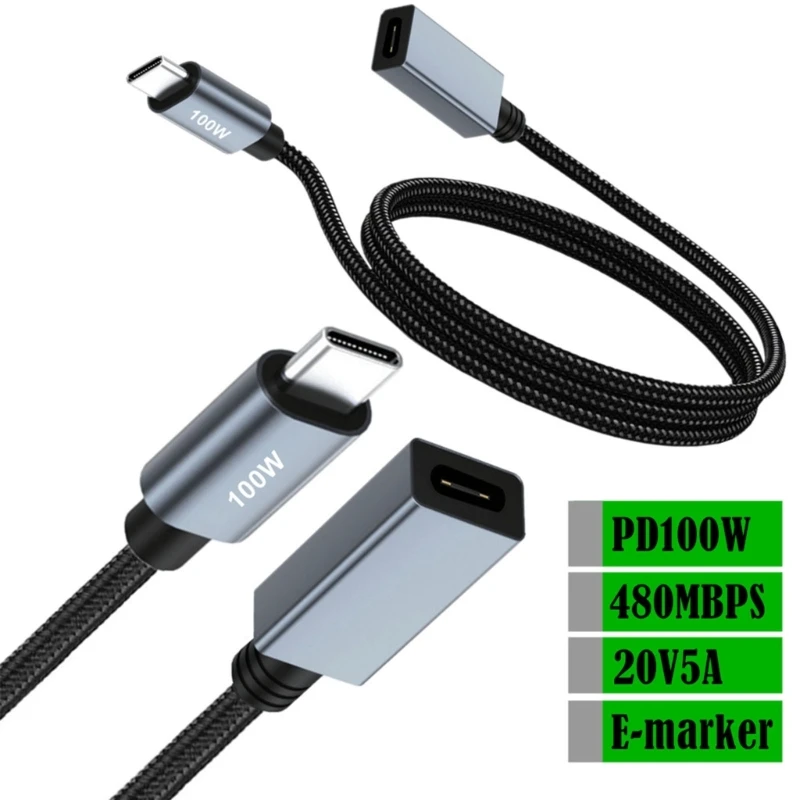 USB C Extension Cord PD100W Power Delivery 480MBPS Data Sync Nylon USB TypeC Braided Cord eMarker