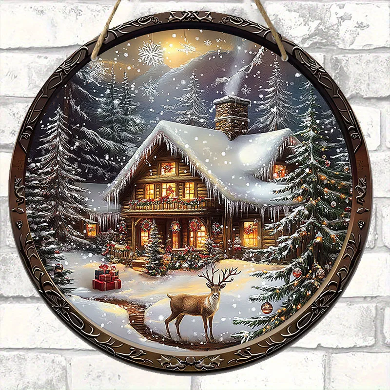 1pc Rustic Christmas Wooden Porch Wreath Sign with Snowy House and Reindeer - Hanging Festive Decor for Home, Restaurant, Cafe,