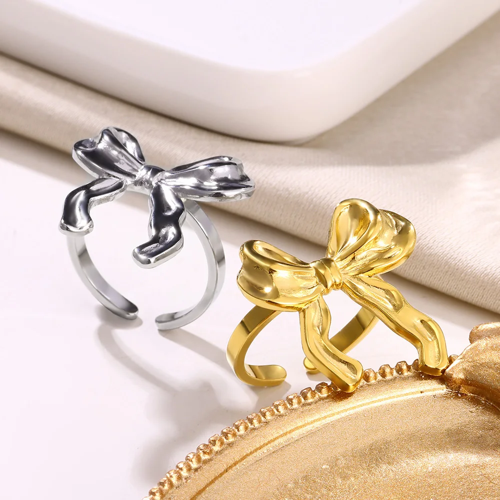 Fashion Ribbon Bows Stainless Steel Rings for Women Temperament Butterfly-Knot Adjustable Open Ring Female Jewelry Party Gifts