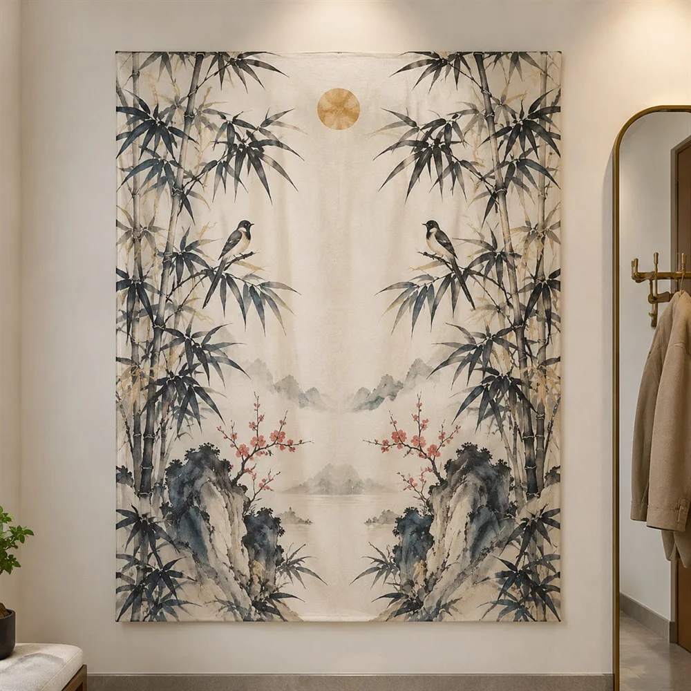 VIKAMA Ink Bamboo Mirror Symmetric Tapestry Wall Hanging, Oriental Wall Decor Tapestries for Living Room Bedroom Entryway