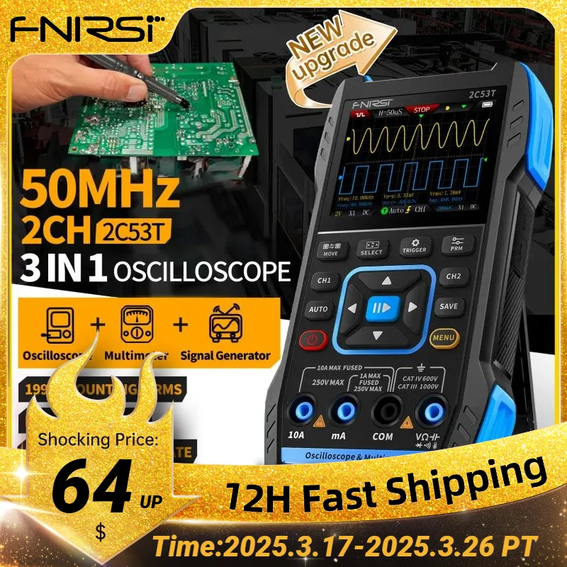 FNIRSI 2C23T 2C53T Upgrade 50MHz Handheld Digital Oscilloscope Multimeter Signal Generator  3 in 1 Dual Channel Automotive Tools