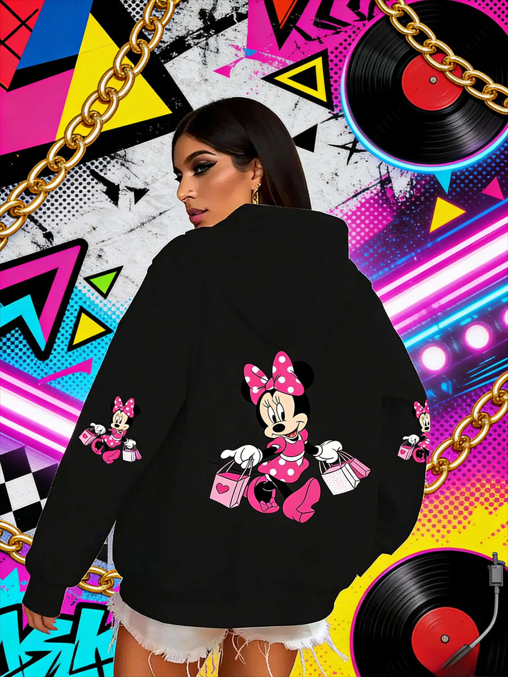 

Толстовка с капюшоном Disney с Микки и Минни Маус для покупок, мужская мода, повседневный спортивный свитер с круглым вырезом, зимний свободный топ с героями мультфильмов