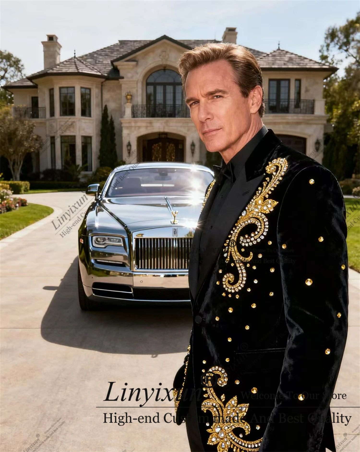 

Elegant Rhinestone Crystals Men Suits 2 Pieces Sets Groom Tuxedos Wedding Male Party Blazer Customized Peaked Lapel Ropa Hombre