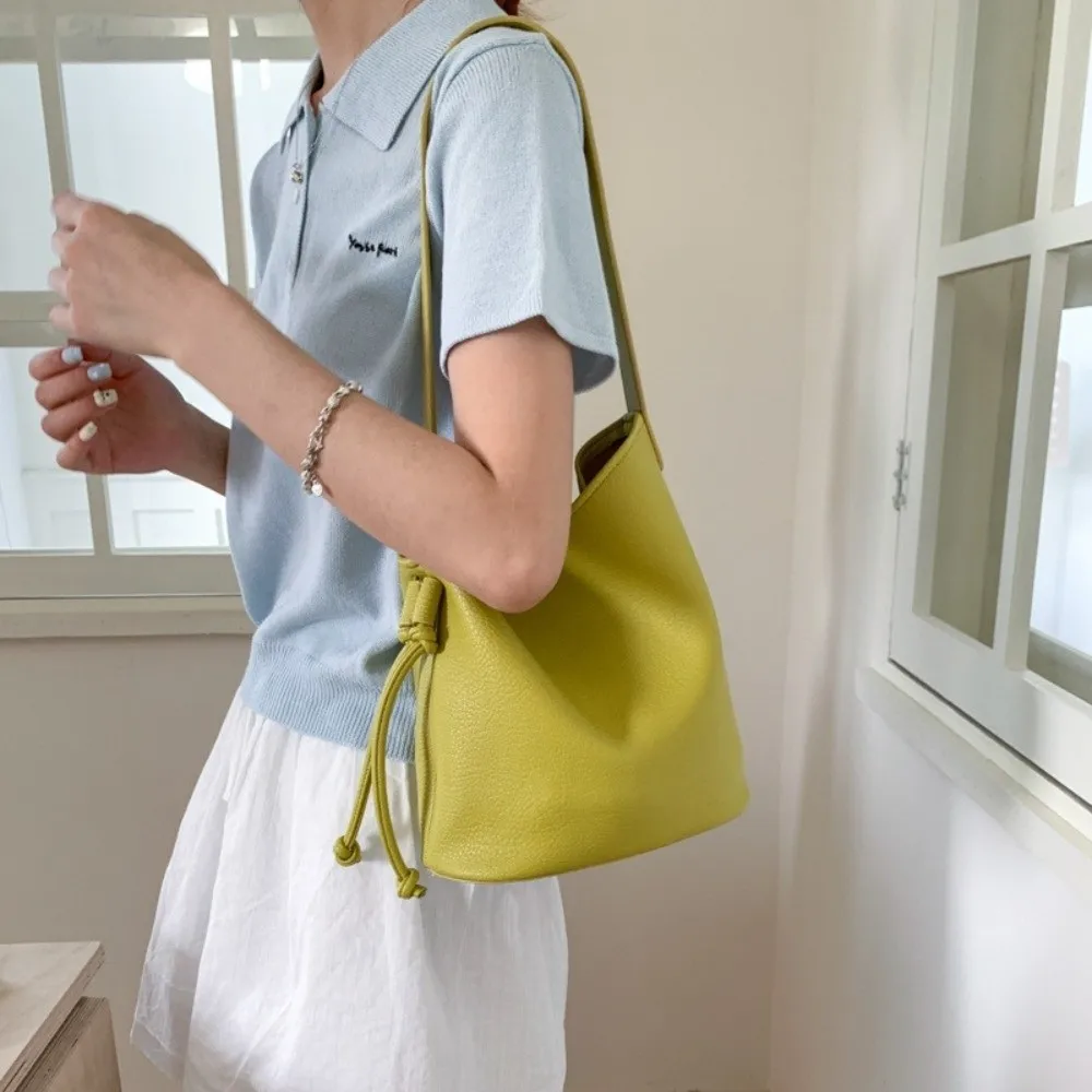 

All-Match Solid color Women Shoulder Bag Pu Leather Leisure Soft Leather Bucket Bag Korean Commute Underarm Bag Ladie