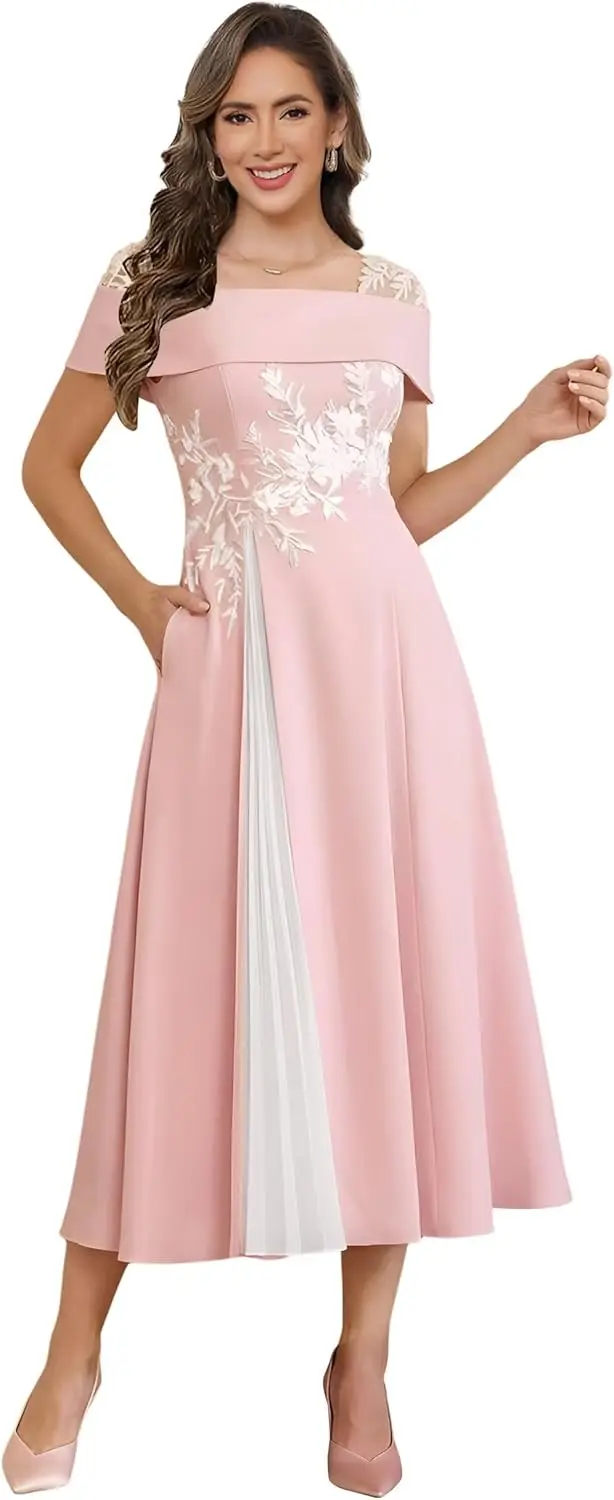 Customized Off The Shoulder Chiffon Tea Length Mother of Bride Dresses for Women A Line Lace Applique Formal Evening Dress