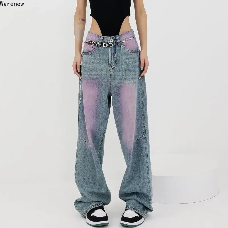 

American Vintage High Waist Tie Dye Jeans Women's Casual 2000s Pants Baggy Y2K Wide Leg Grunge High Street Style Denim Trouser