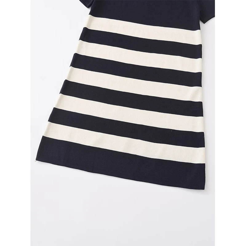 YENKYE Autumn Women Contrasting Striped Knit Dress Short Sleeve Round Neck Female Casual Dresses Mini Vestidos