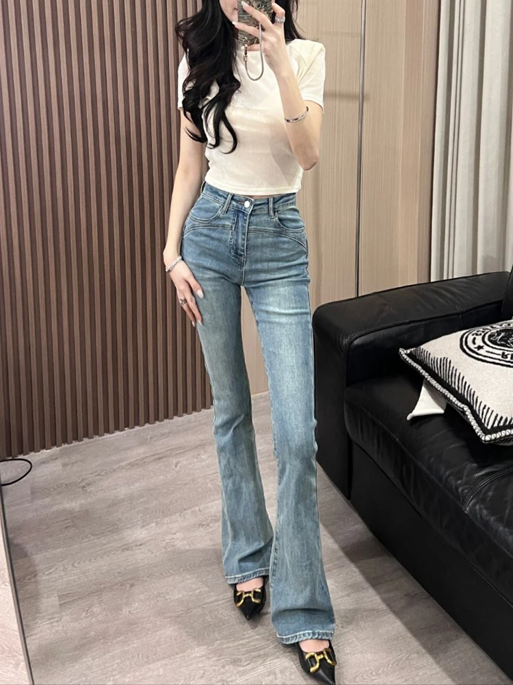 

Женские джинсы-клеш с высокой талией в американском ретро-стиле, эластичные, с эффектом утяжки живота, из денима, весна 2025, новинка