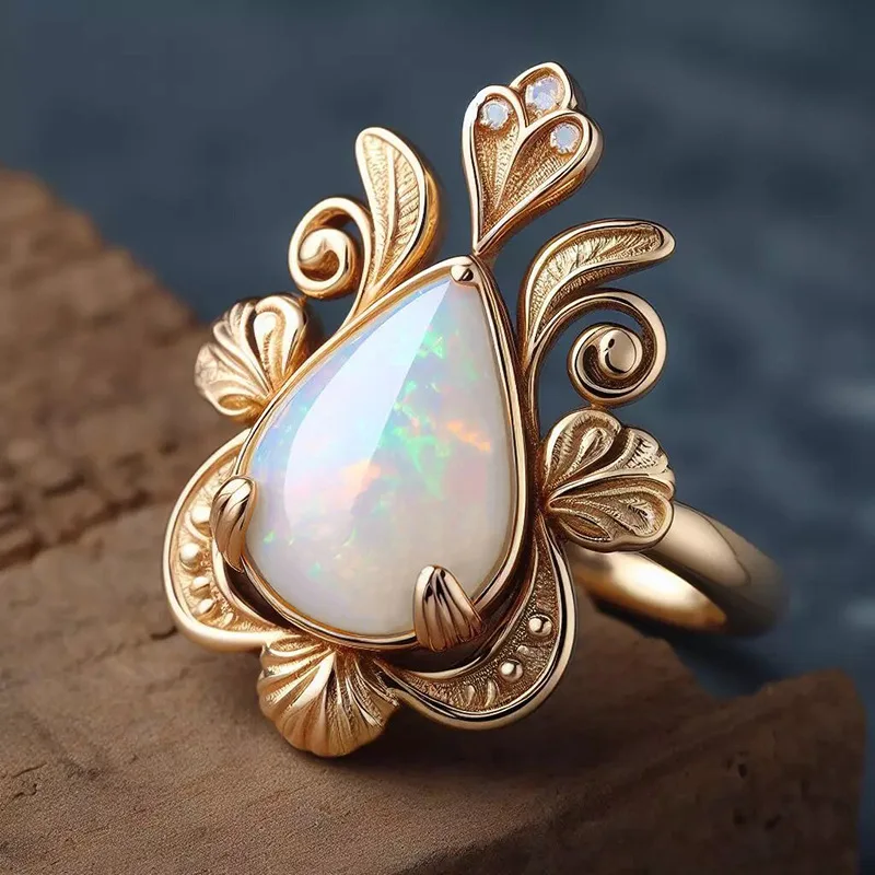 European and American Three Claw Micro Inlaid Australian Treasure Waterdrop Ring Women's Leaf French Accessories Jewelry