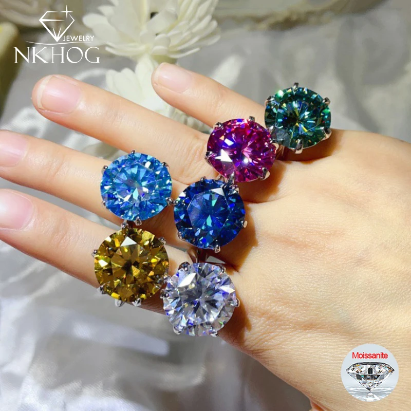 

NKHOG Luxury 20CT Real Moissanite Rings S925 Silver For Women Sparkling Lab Diamond Wedding 6 Claws Band Fine Jewelry Certified