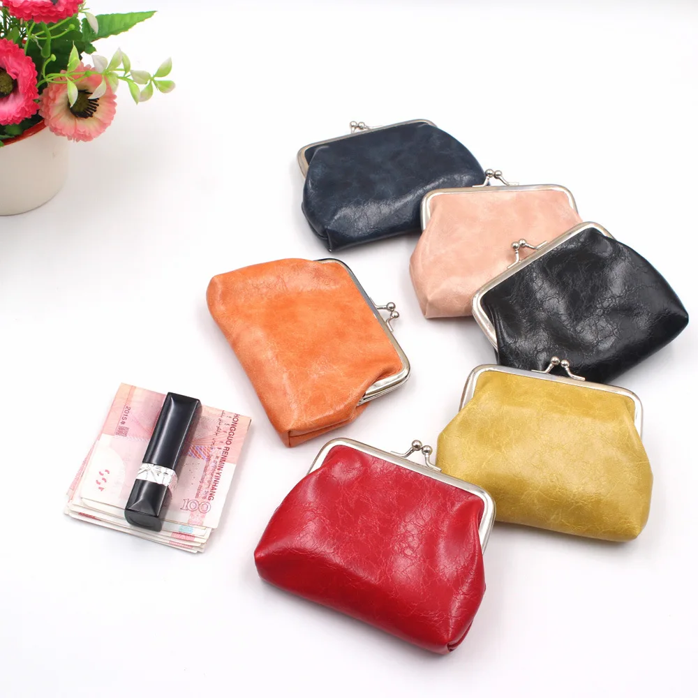 Lady Leather Mini Wallet Vintage Design PU Oil Wax Leather 4-inch Buckle Zero Wallet Women\'s Short Handheld Creative Coin Bag