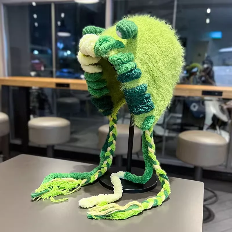

2025 Funny Monster Furry Hat for Women Autumn Winter Knitted Beanie with Braid Warm Ear Protection Hand Crochet Skullies